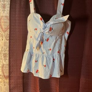 Cherry Print Striped Bow-Front Blouse